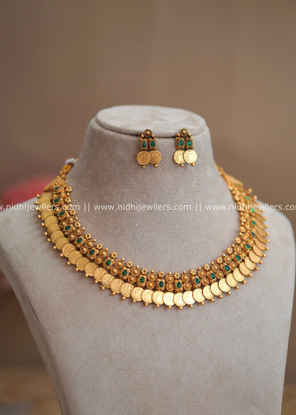 Lakshmi Kasu Necklace Set with Green Accents - Harini