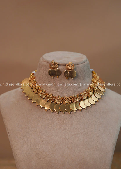 Antique Gold-Finish Dual-Line Layered Lakshmi Kasu Necklace Set - Gaurika