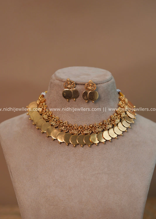 Antique Gold-Finish Dual-Line Layered Lakshmi Kasu Necklace Set - Gaurika