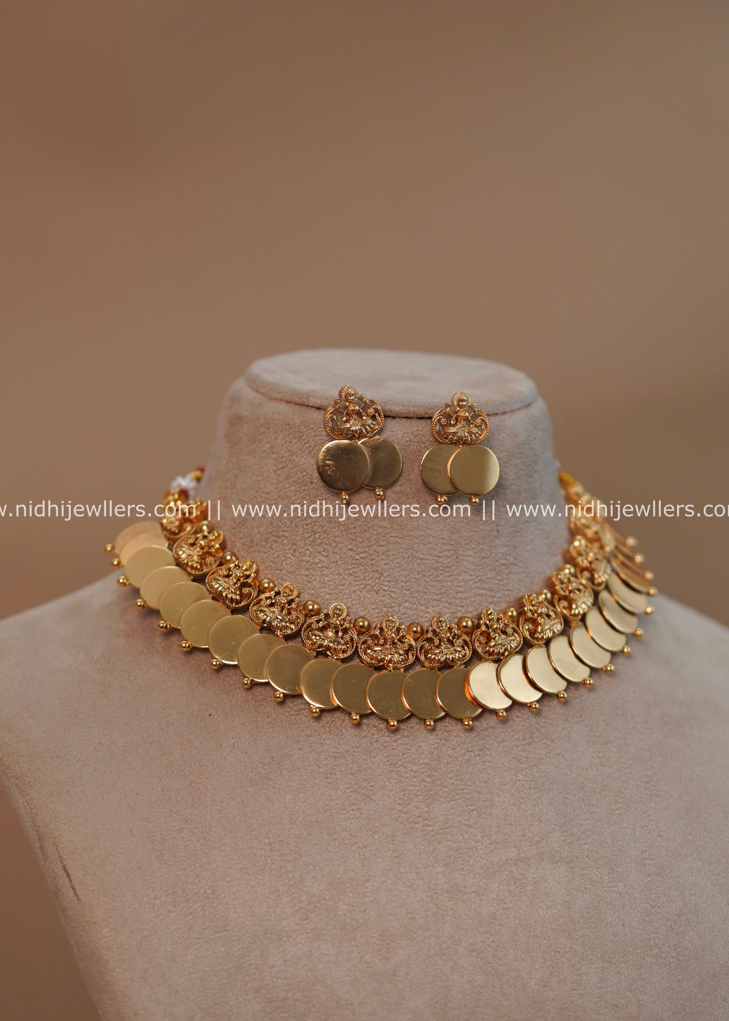 Antique Gold-Finish Dual-Line Layered Lakshmi Kasu Necklace Set - Gaurika