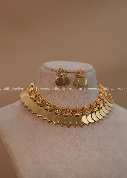 Antique Gold-Finish Dual-Line Layered Lakshmi Kasu Necklace Set - Gaurika