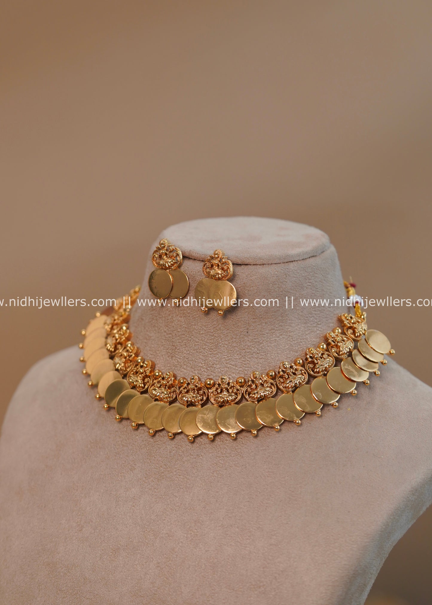 Antique Gold-Finish Dual-Line Layered Lakshmi Kasu Necklace Set - Gaurika
