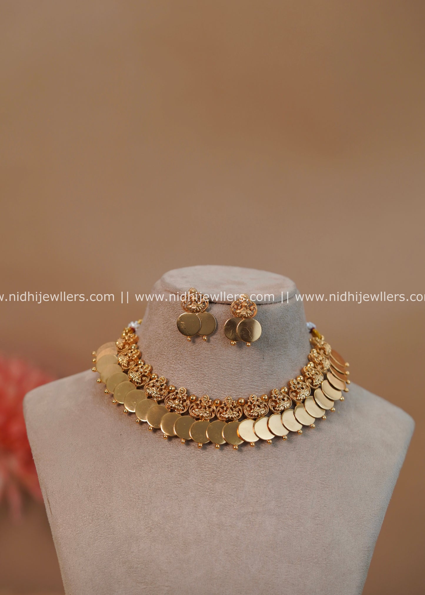 Antique Gold-Finish Dual-Line Layered Lakshmi Kasu Necklace Set - Gaurika