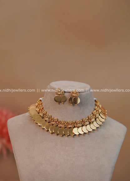 Antique Gold-Finish Dual-Line Layered Lakshmi Kasu Necklace Set - Gaurika