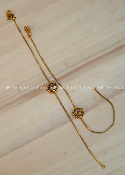Antique Gold-Finish Sleek Multi-Stone Floral Chain Anklets (Pair) - Nithya