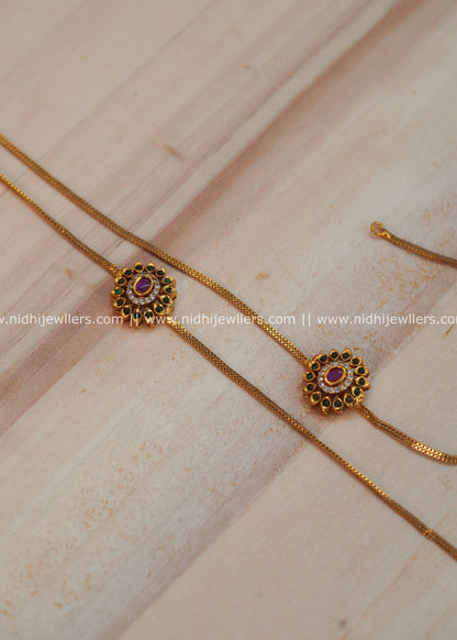 Antique Gold-Finish Sleek Multi-Stone Floral Chain Anklets (Pair) - Nithya