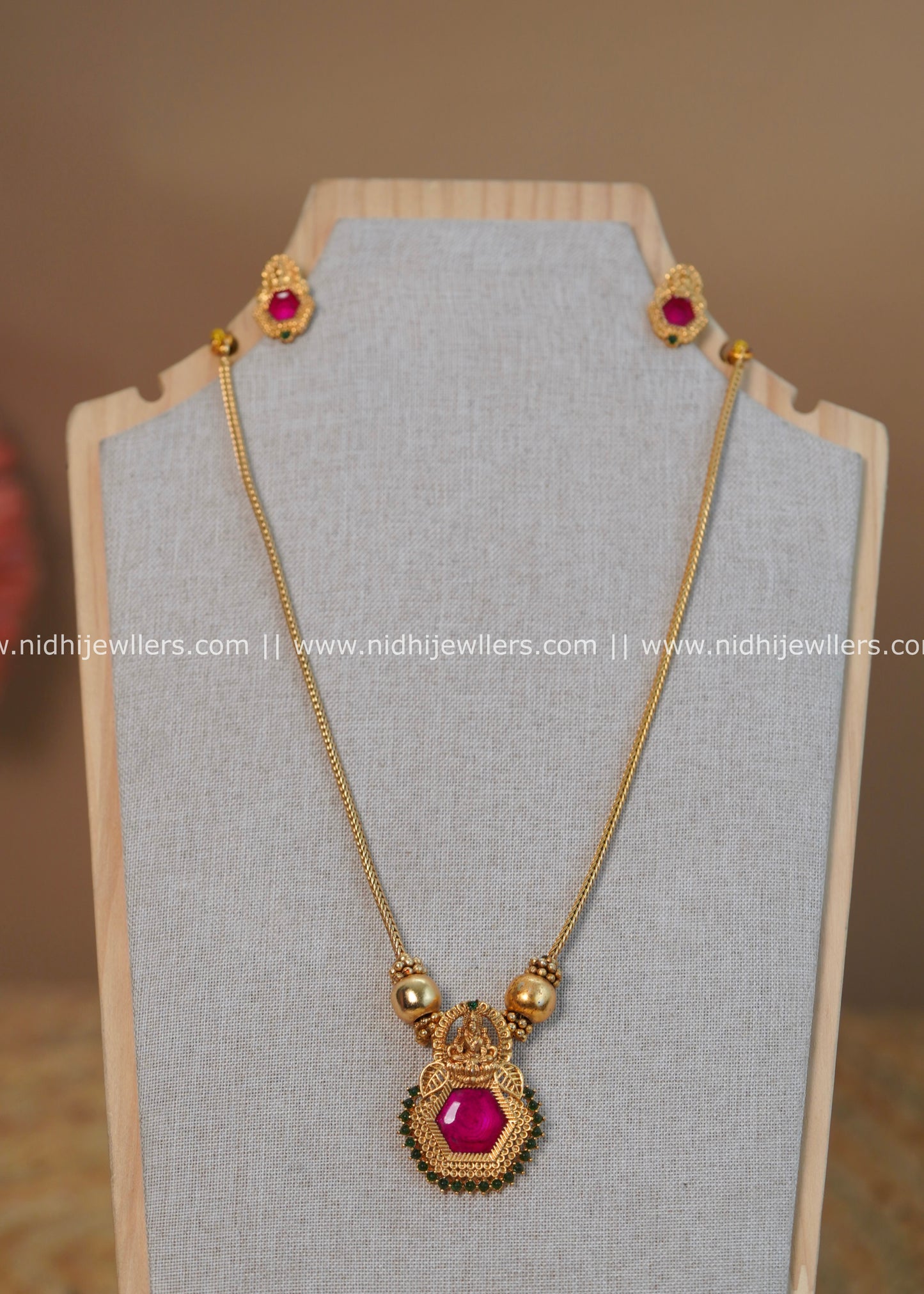 Hexagonal Ruby Lakshmi Temple Pendant Long Necklace Set - Nikhila