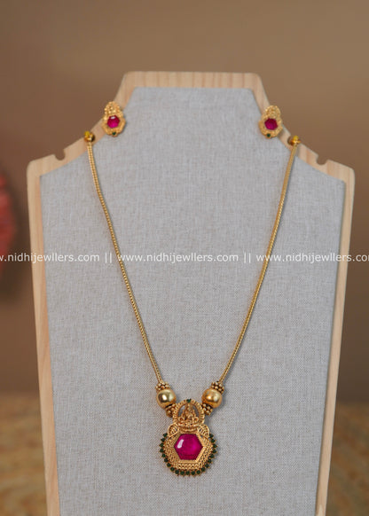 Hexagonal Ruby Lakshmi Temple Pendant Long Necklace Set - Nikhila