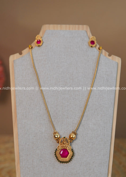 Hexagonal Ruby Lakshmi Temple Pendant Long Necklace Set - Nikhila