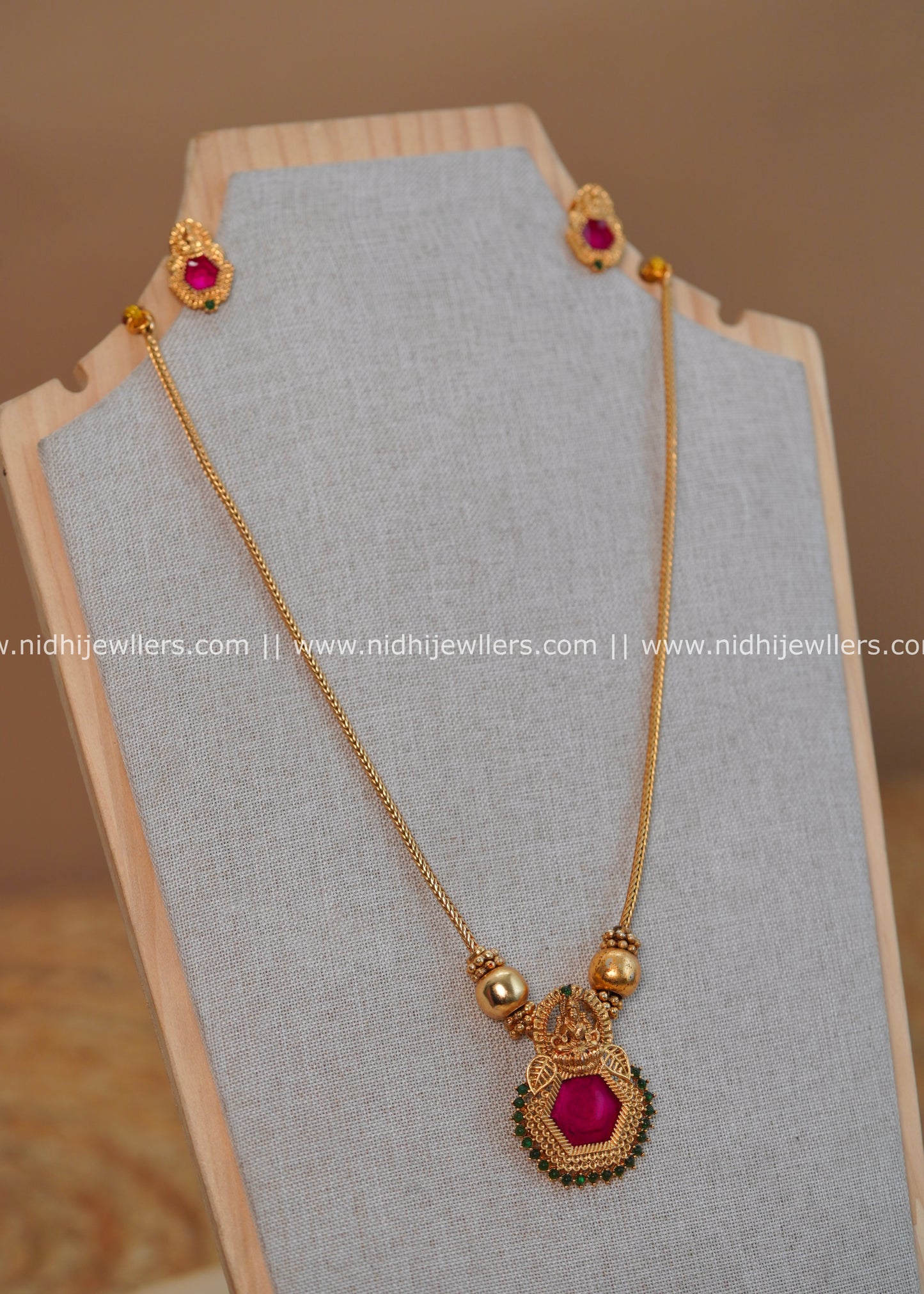 Hexagonal Ruby Lakshmi Temple Pendant Long Necklace Set - Nikhila