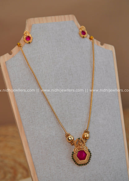 Hexagonal Ruby Lakshmi Temple Pendant Long Necklace Set - Nikhila
