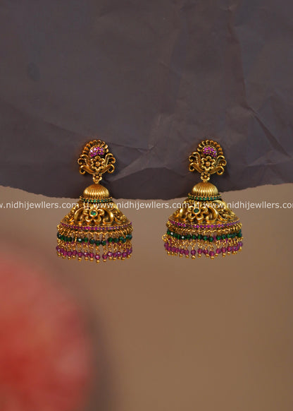 Antique Gold-Finish Traditional Multi-Stone Temple Jhumka Earrings - Malini