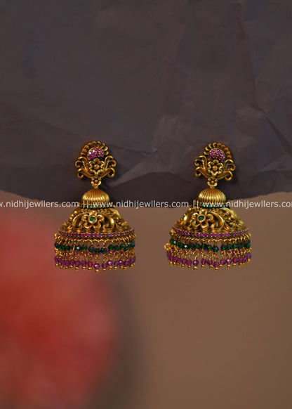 Antique Gold-Finish Traditional Multi-Stone Temple Jhumka Earrings - Malini
