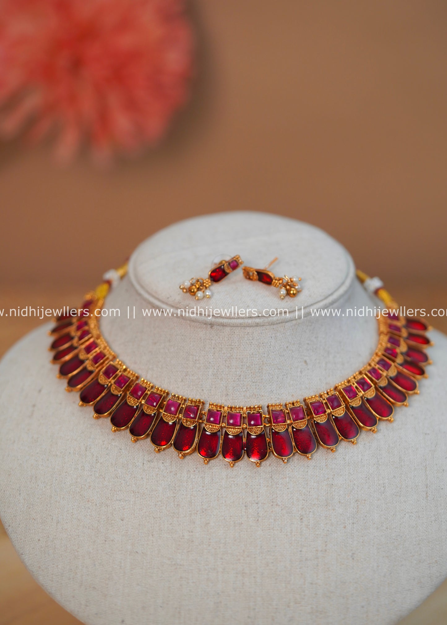 Antique Gold-Finish Palakka Red Necklace- Vandana -Red