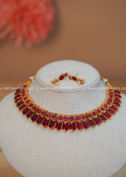 Antique Gold-Finish Palakka Red Necklace- Vandana -Red