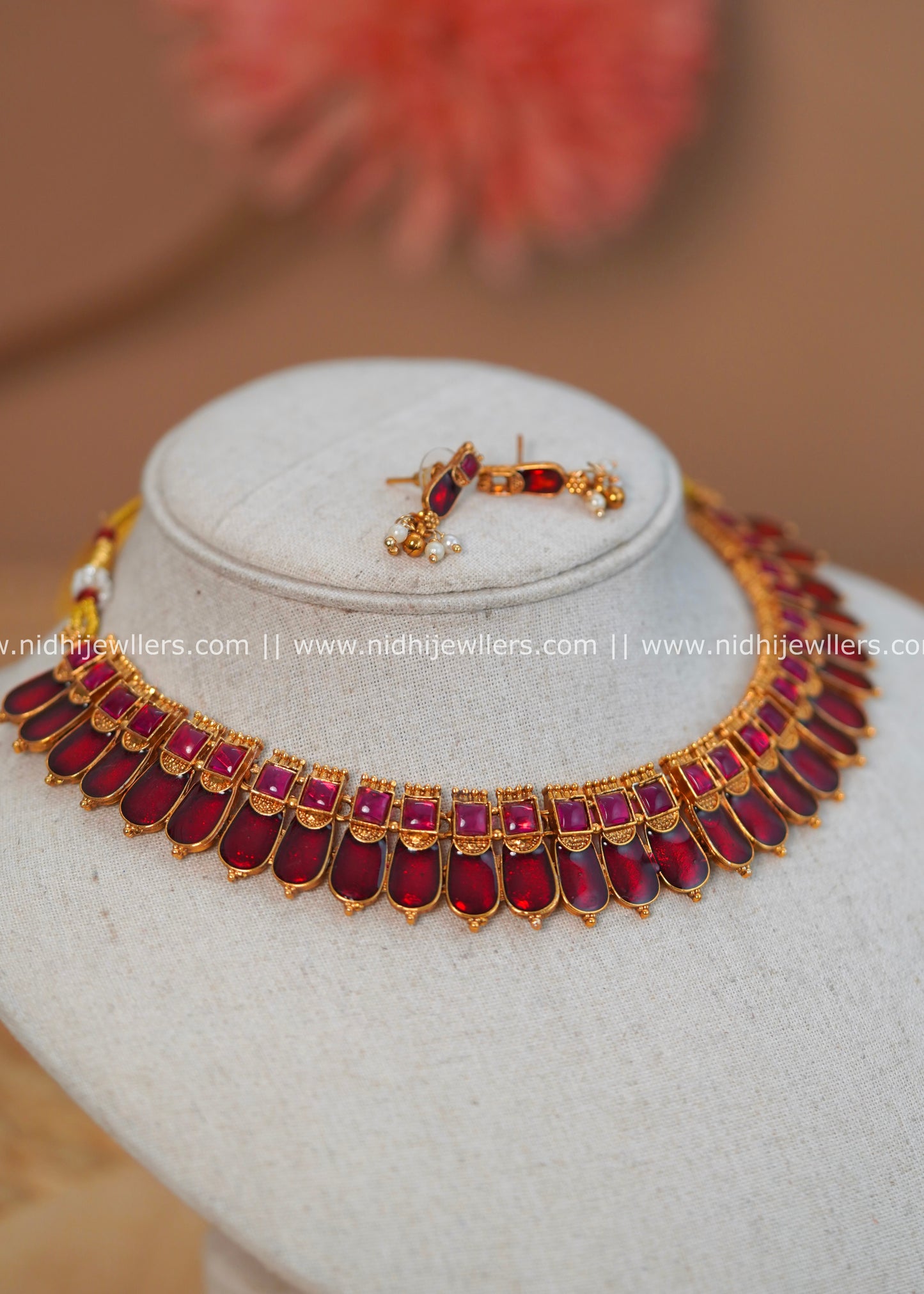 Antique Gold-Finish Palakka Red Necklace- Vandana -Red