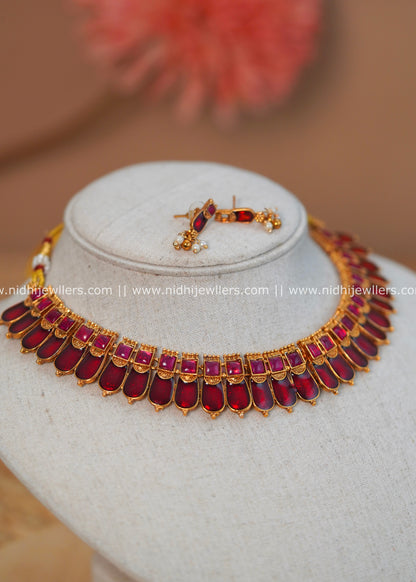 Antique Gold-Finish Palakka Red Necklace- Vandana -Red
