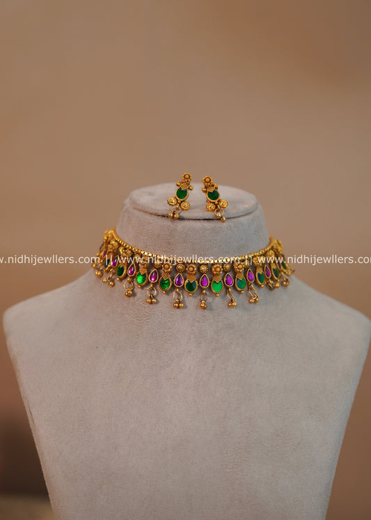 Antique Gold-Finish Traditional Palakka Alternating Fringe Choker Set - Keya