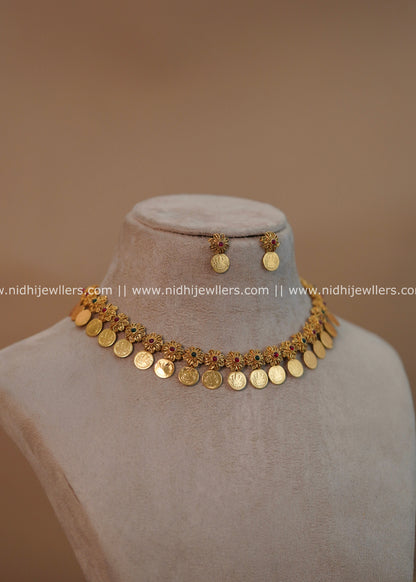 Traditional Lakshmi Kasu coin Short Necklace Set - Niveditha