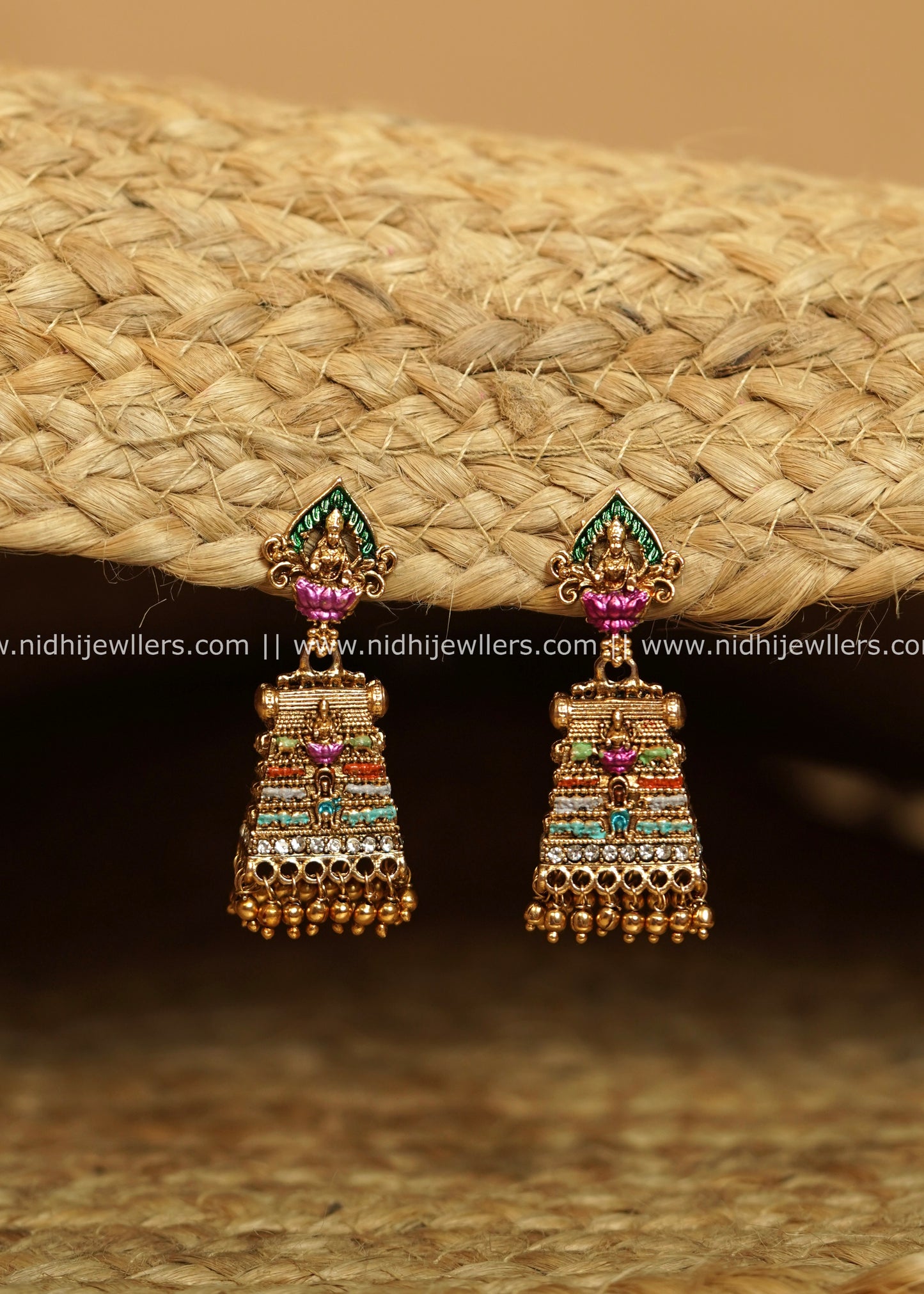 Antique Gold-Finish Temple Gopuram Meenakari Jhumka Earrings - Madhura
