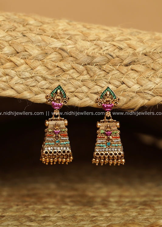 Antique Gold-Finish Temple Gopuram Meenakari Jhumka Earrings - Madhura