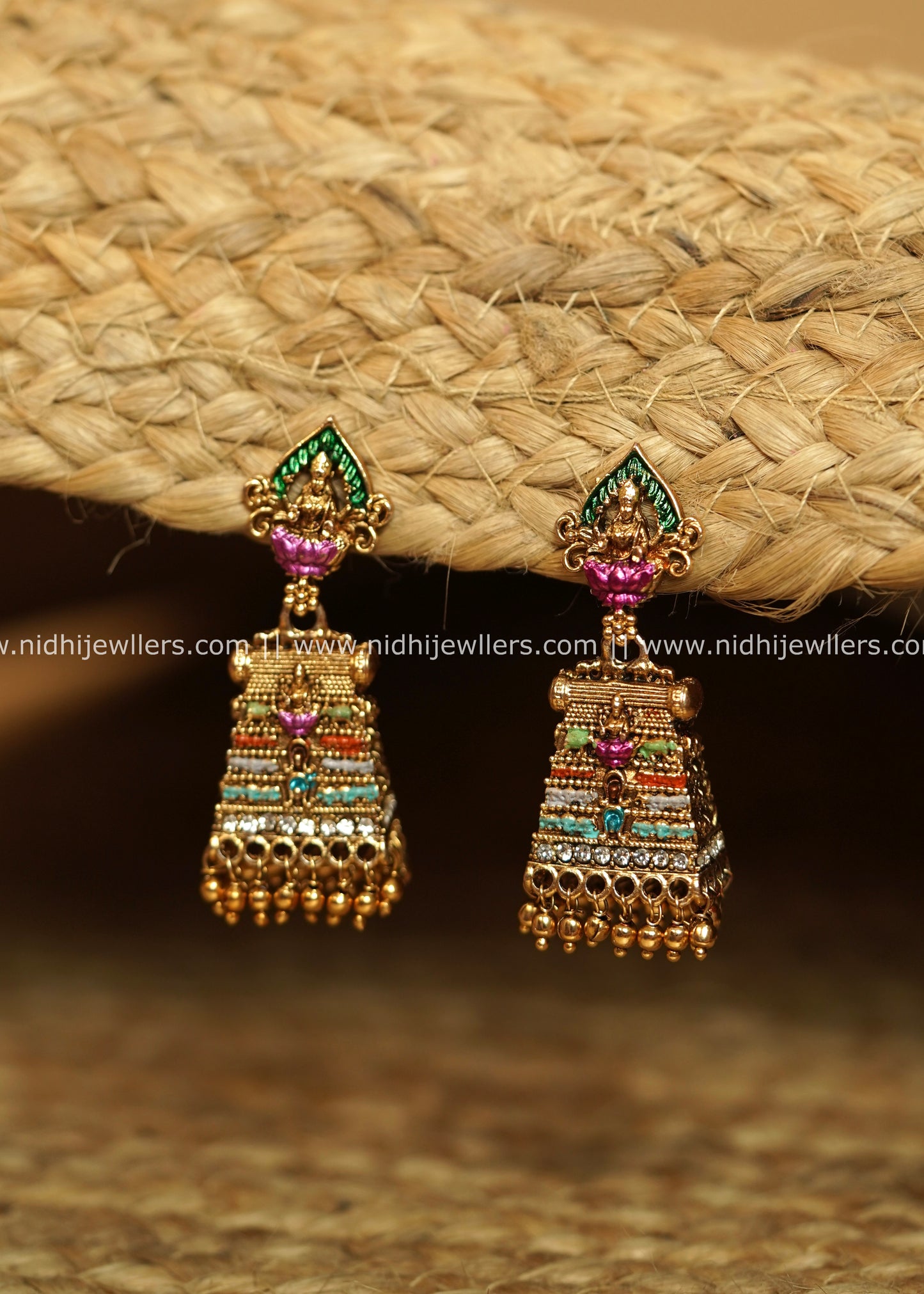 Antique Gold-Finish Temple Gopuram Meenakari Jhumka Earrings - Madhura