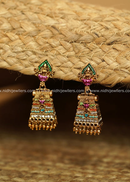 Antique Gold-Finish Temple Gopuram Meenakari Jhumka Earrings - Madhura
