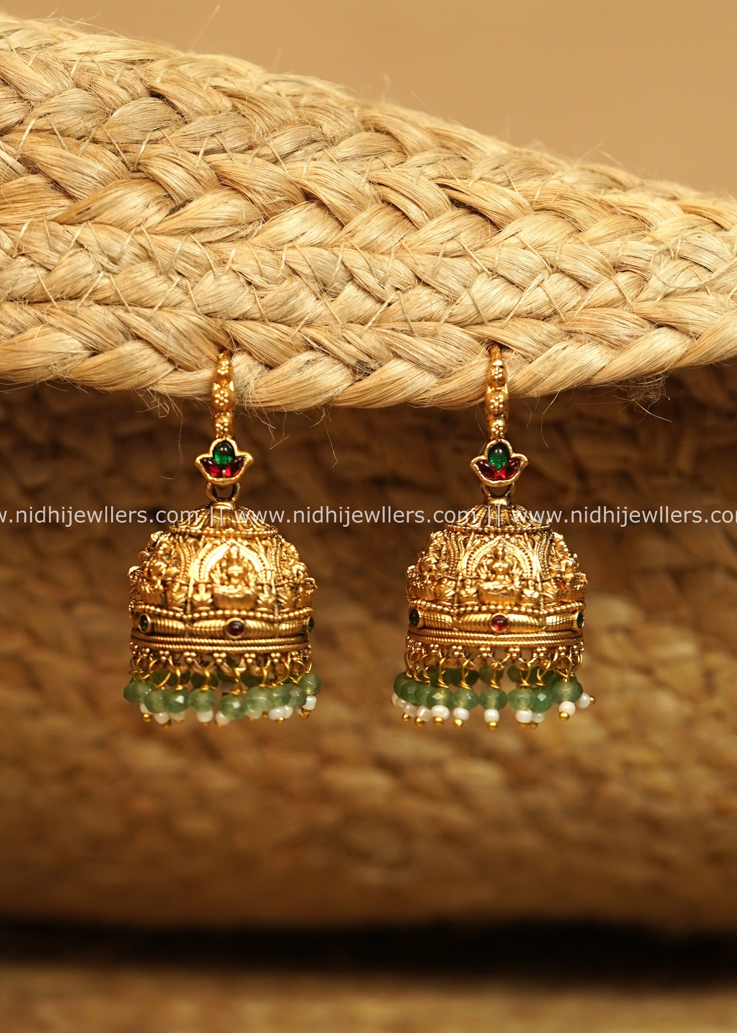 Temple Lakshmi Jhumka Earrings with Green Bead Drops - Renuka