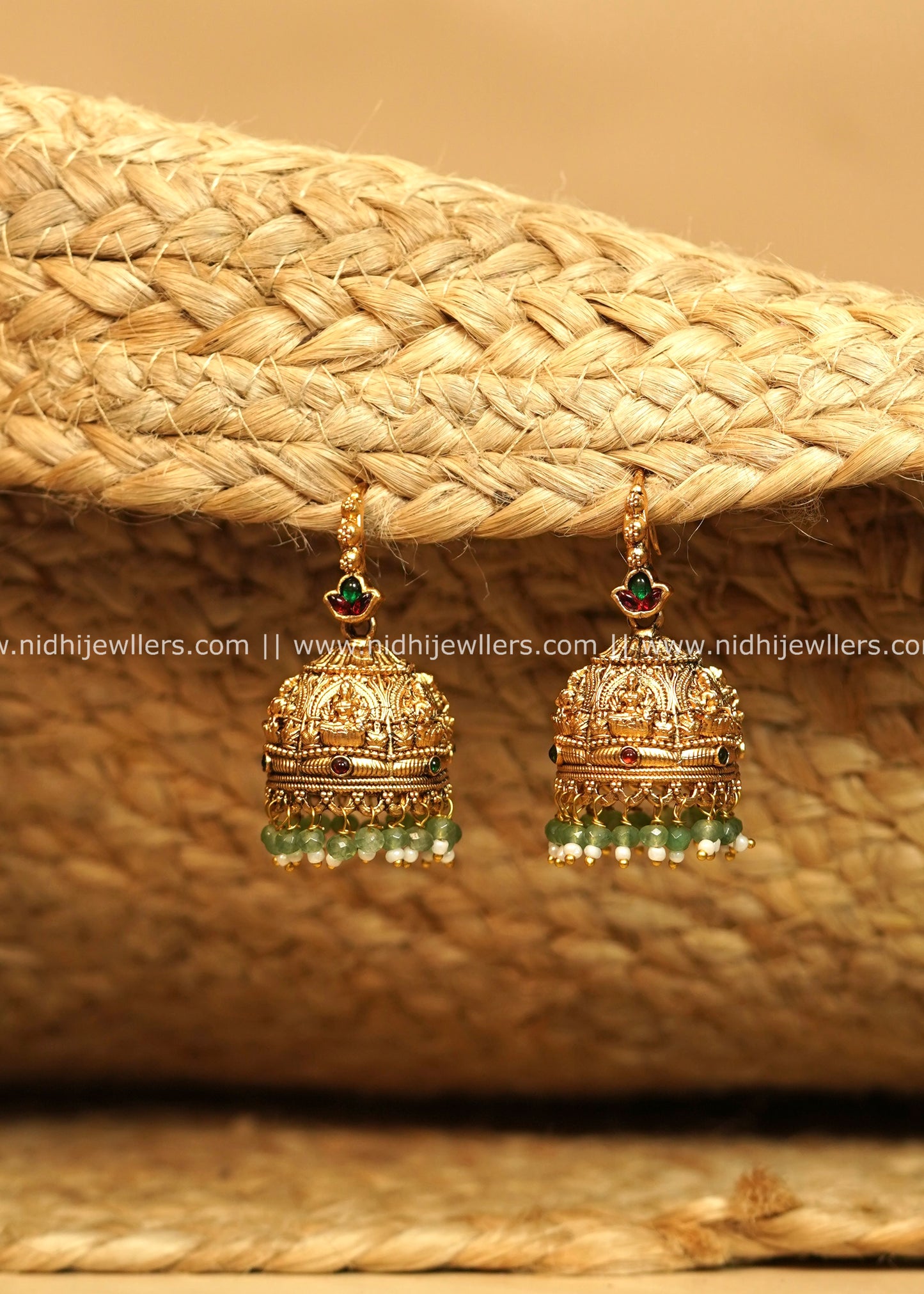 Temple Lakshmi Jhumka Earrings with Green Bead Drops - Renuka