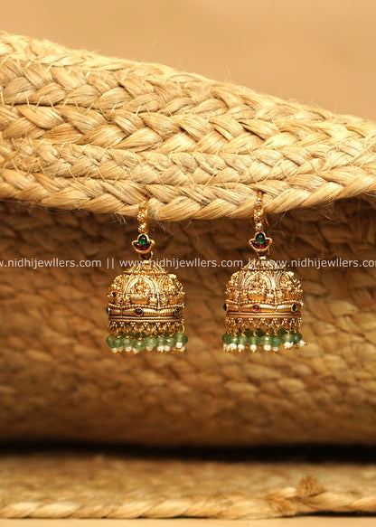 Temple Lakshmi Jhumka Earrings with Green Bead Drops - Renuka