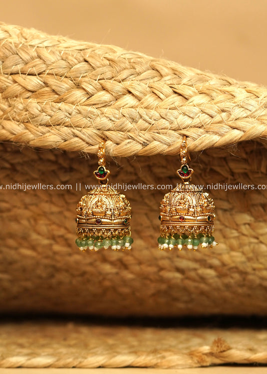 Temple Lakshmi Jhumka Earrings with Green Bead Drops - Renuka