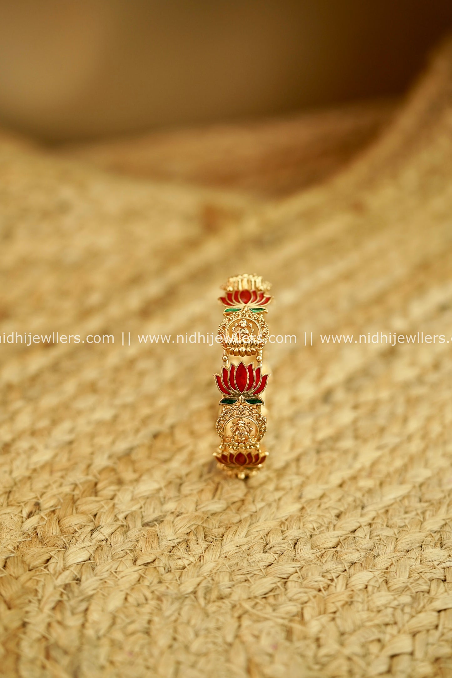 Antique Gold-Finish Enamel Lotus Lakshmi Temple Bangle - Mihika