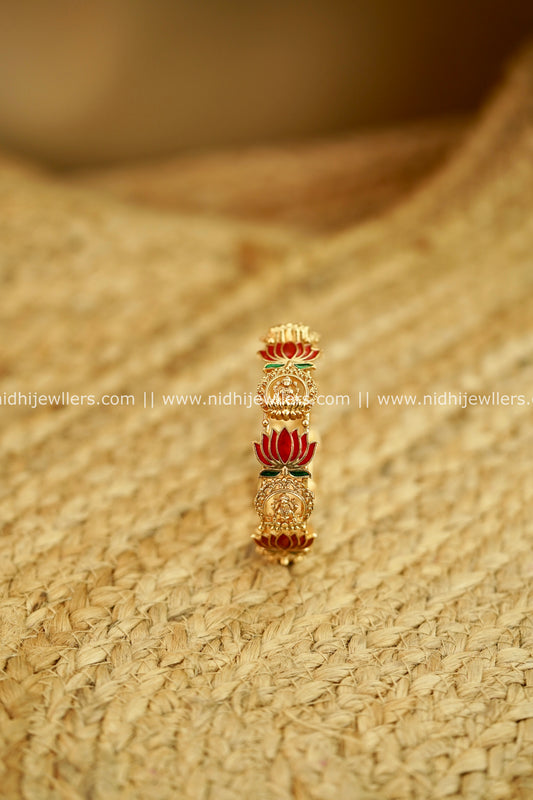 Antique Gold-Finish Enamel Lotus Lakshmi Temple Bangle - Mihika