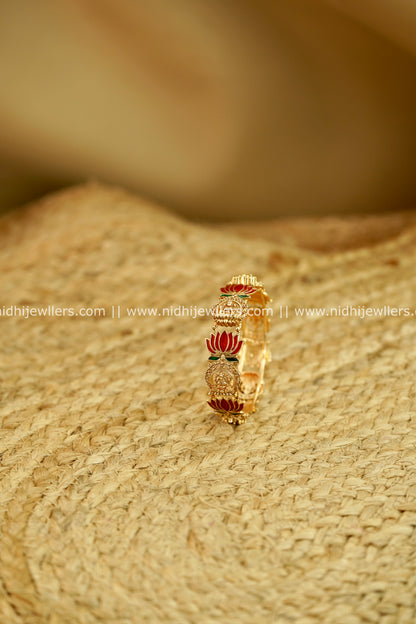 Antique Gold-Finish Enamel Lotus Lakshmi Temple Bangle - Mihika