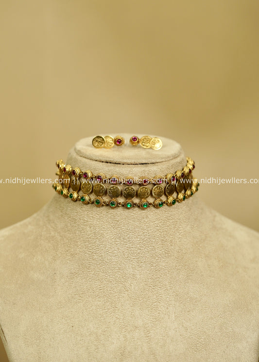 Antique Gold-Finish Multi-Stone Lakshmi Kasu Choker Set - Oviya