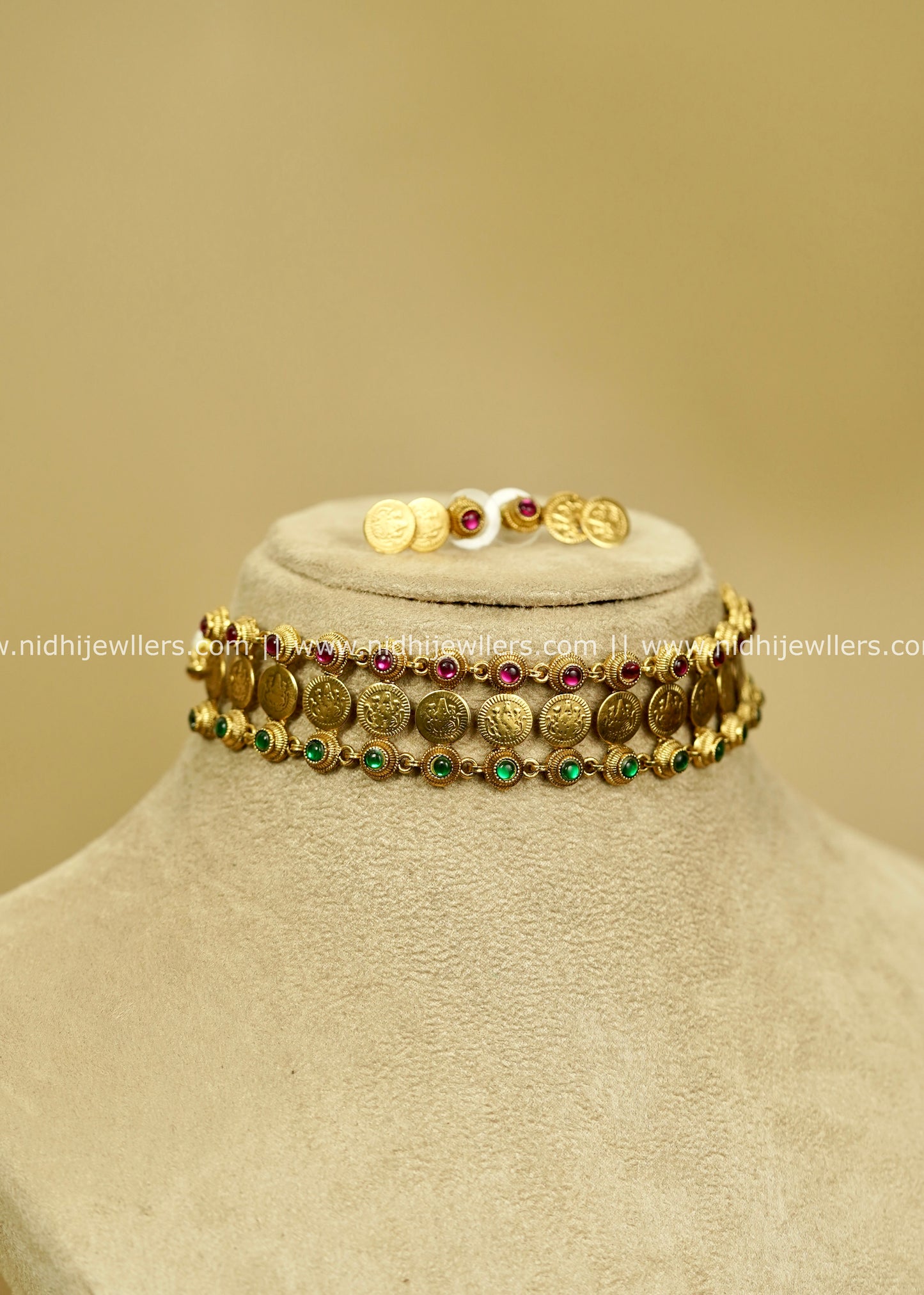 Antique Gold-Finish Multi-Stone Lakshmi Kasu Choker Set - Oviya