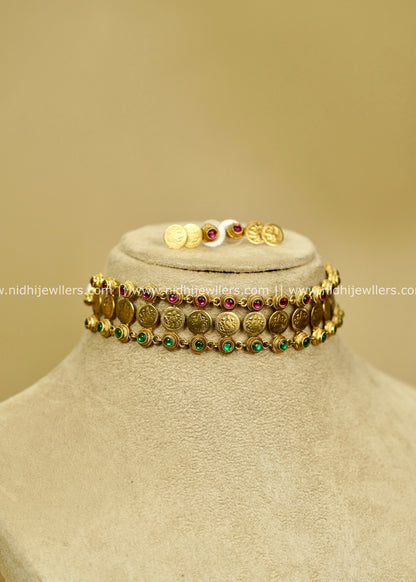 Antique Gold-Finish Multi-Stone Lakshmi Kasu Choker Set - Oviya