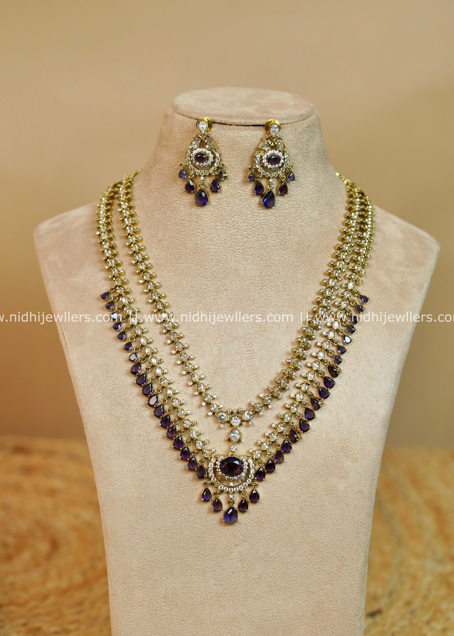 AD Gold-Finish Dual-Strand Layered Teardrop Haram Set - Aria