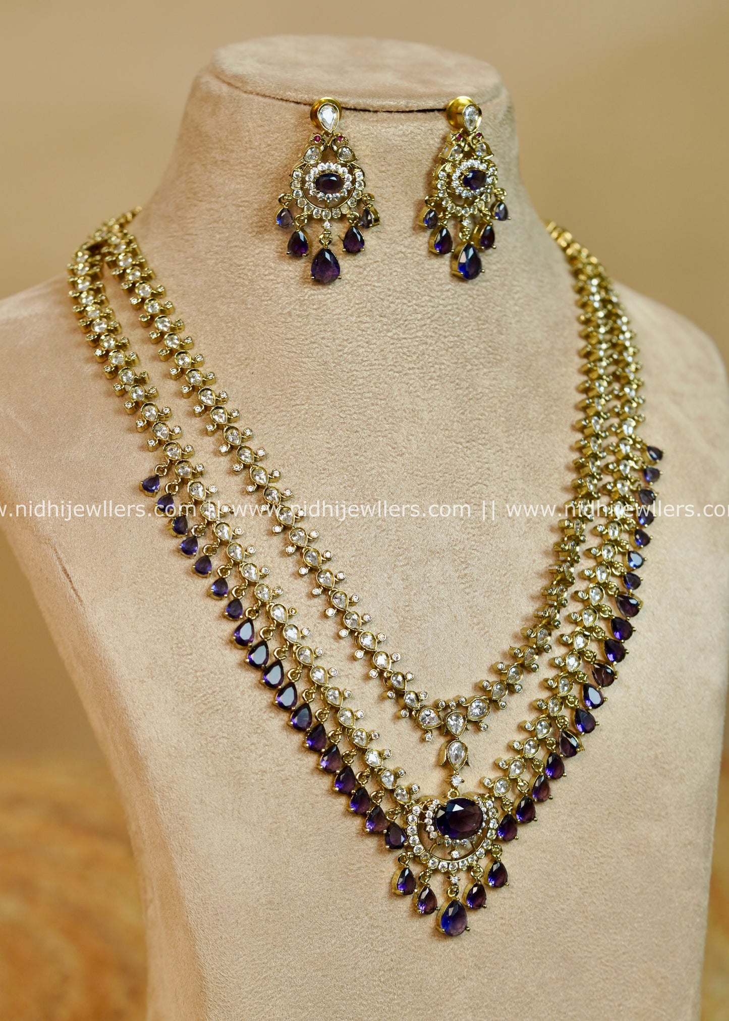 AD Gold-Finish Dual-Strand Layered Teardrop Haram Set - Aria