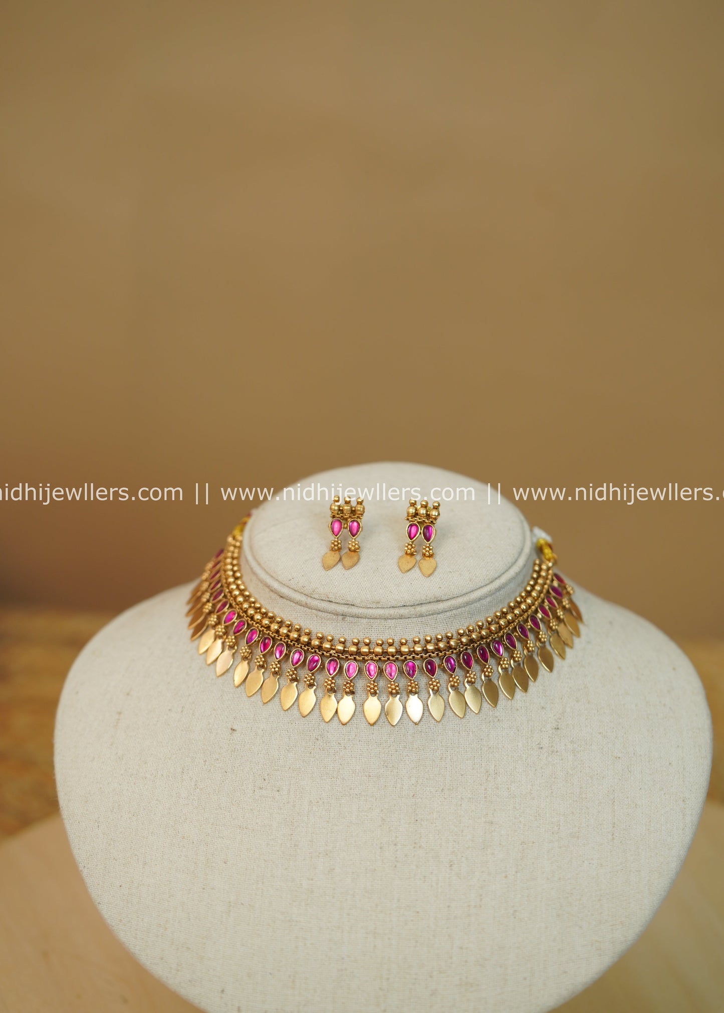 Antique Gold-Finish Ruby Stone Kerala Elakkathali Choker Set - Yami