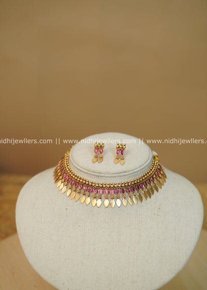 Antique Gold-Finish Ruby Stone Kerala Elakkathali Choker Set - Yami