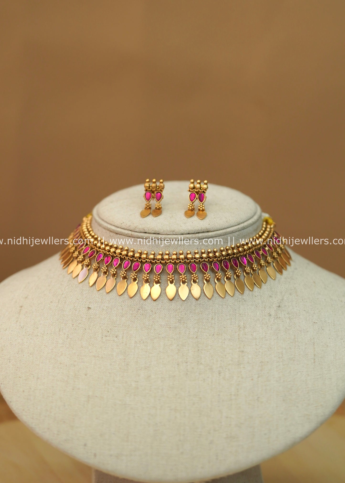Antique Gold-Finish Ruby Stone Kerala Elakkathali Choker Set - Yami