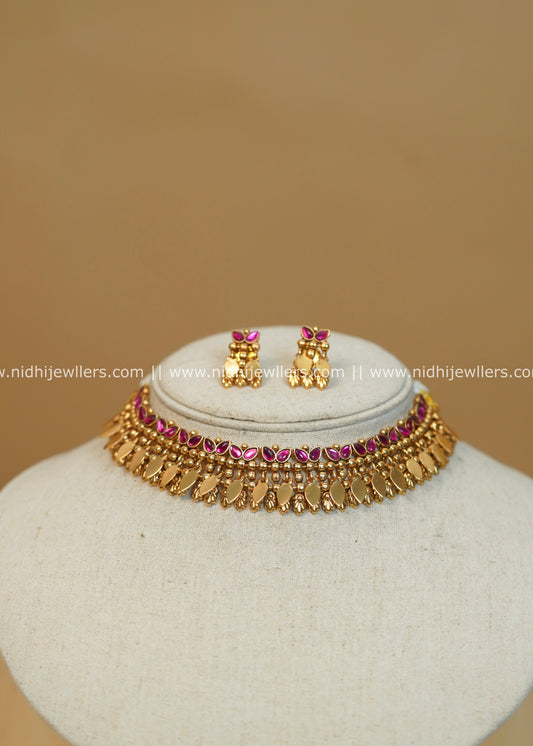 Antique Finish Festive Ruby Elakkathali Choker Set - Yamini