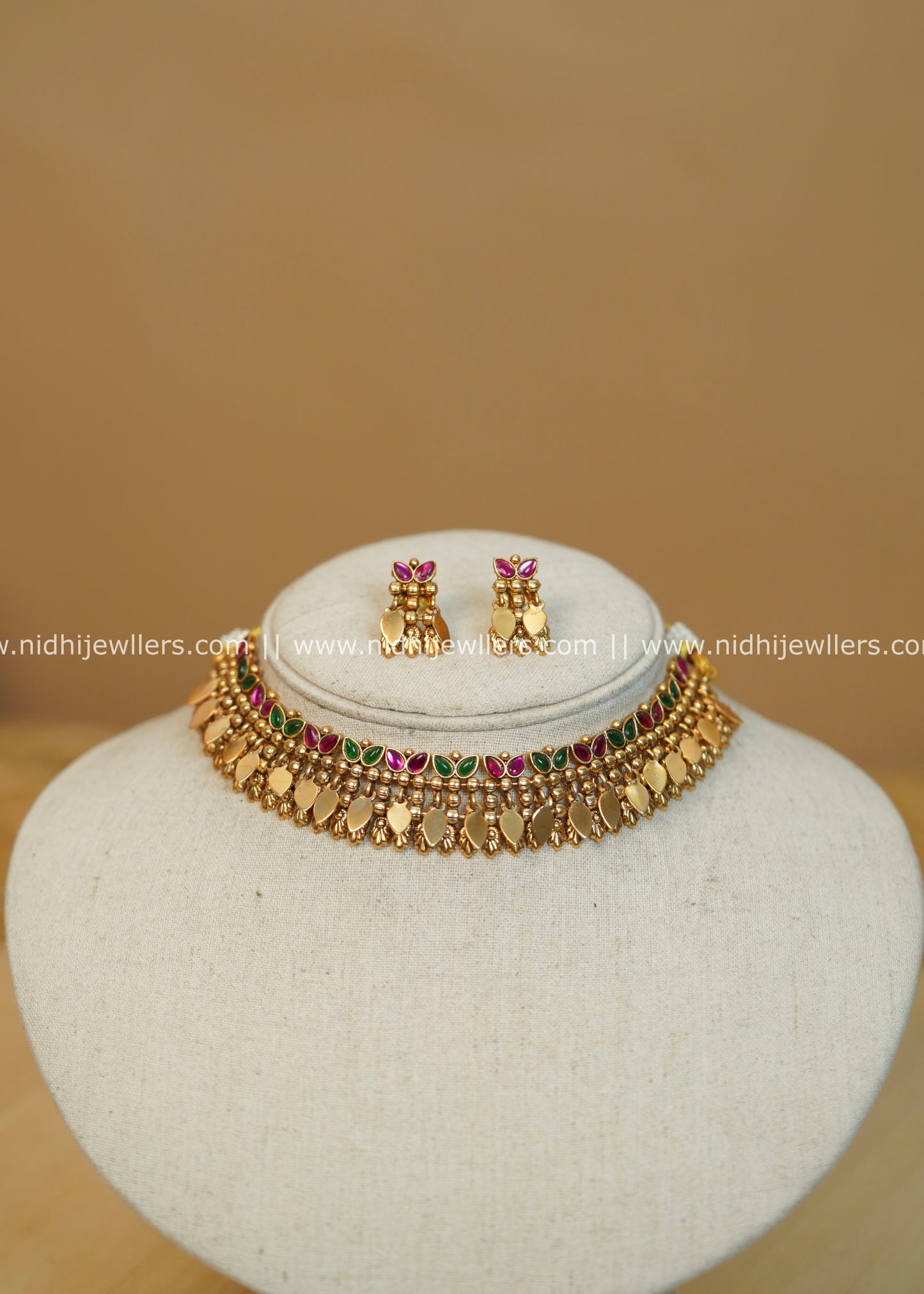 Multi-Color Ruby & Green Elakkathali Choker Set - Yamini