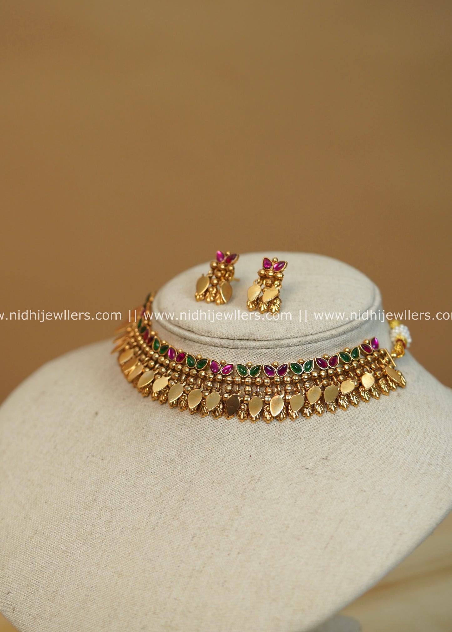 Multi-Color Ruby & Green Elakkathali Choker Set - Yamini
