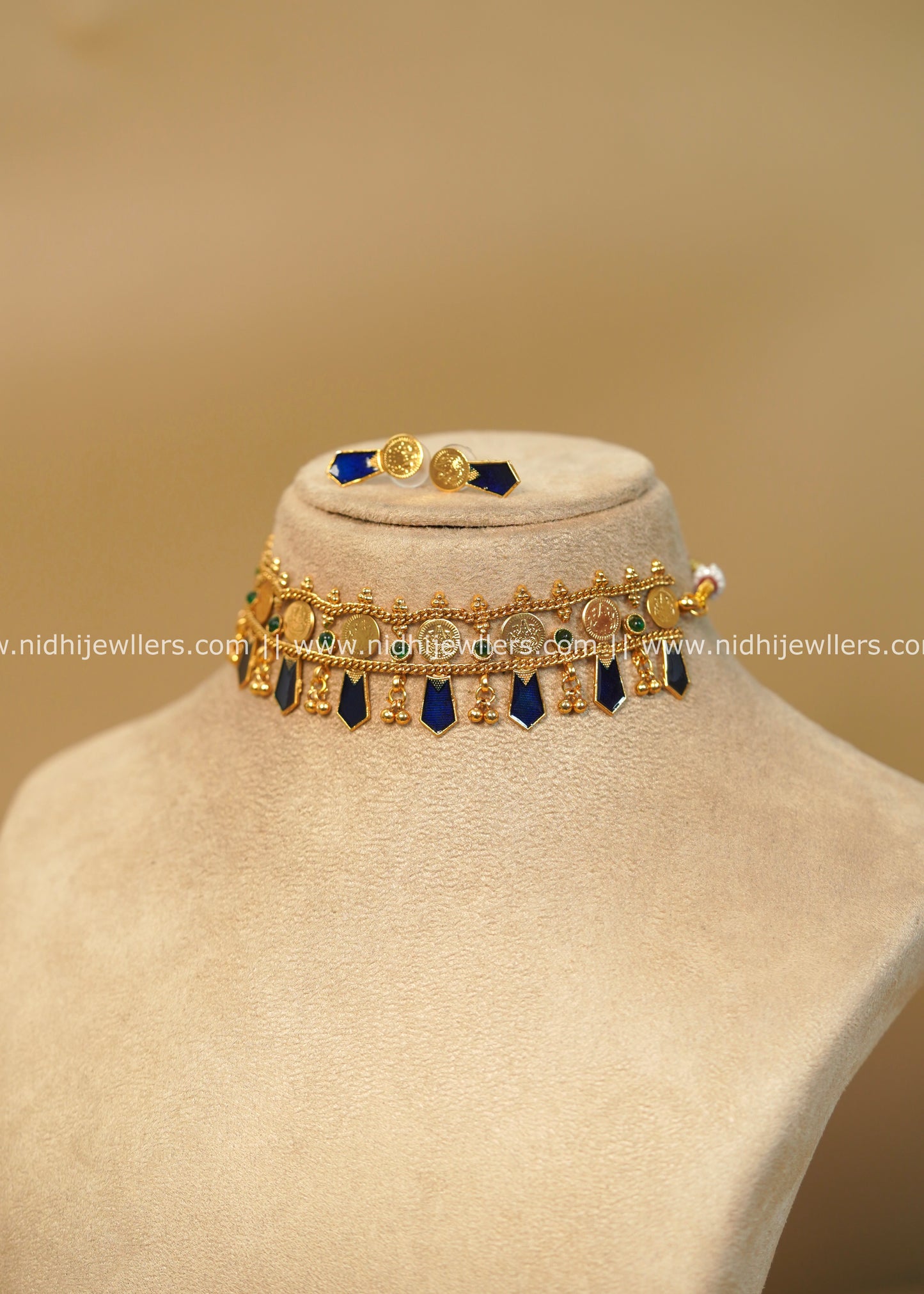 Antique Gold-Finish Royal Blue Kasu Nagapadam Choker Set - Blue- Mahi
