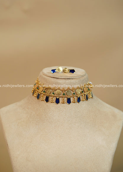 Antique Gold-Finish Royal Blue Kasu Nagapadam Choker Set - Blue- Mahi