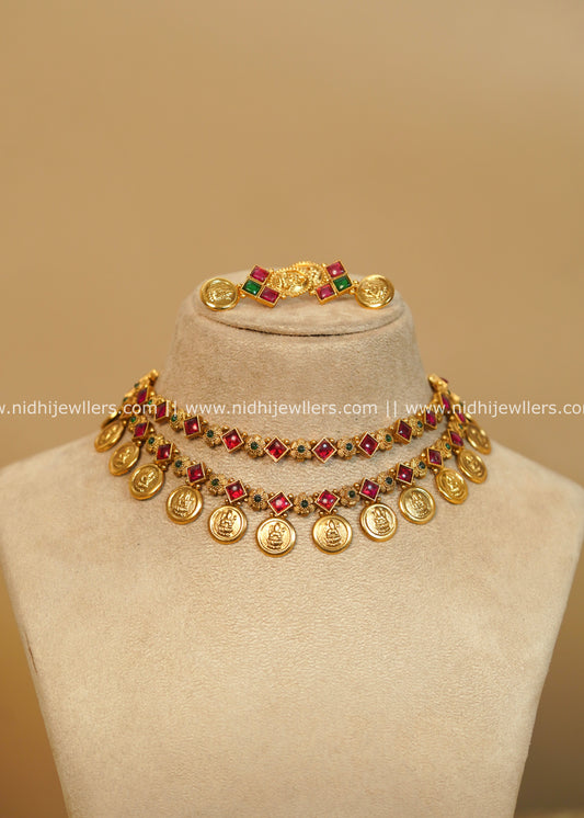 Antique Finish Layered Ruby Kasu Choker Set - Chitra
