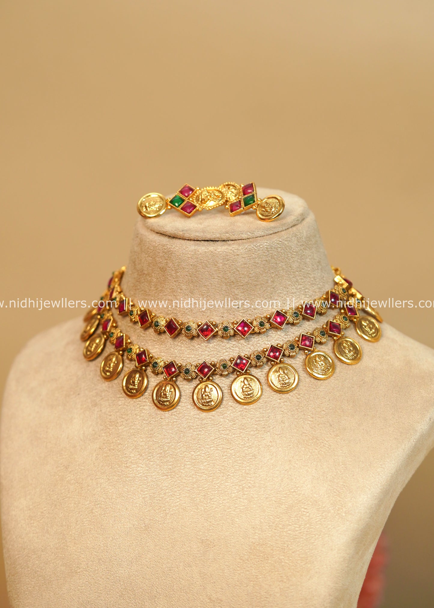 Antique Finish Layered Ruby Kasu Choker Set - Chitra