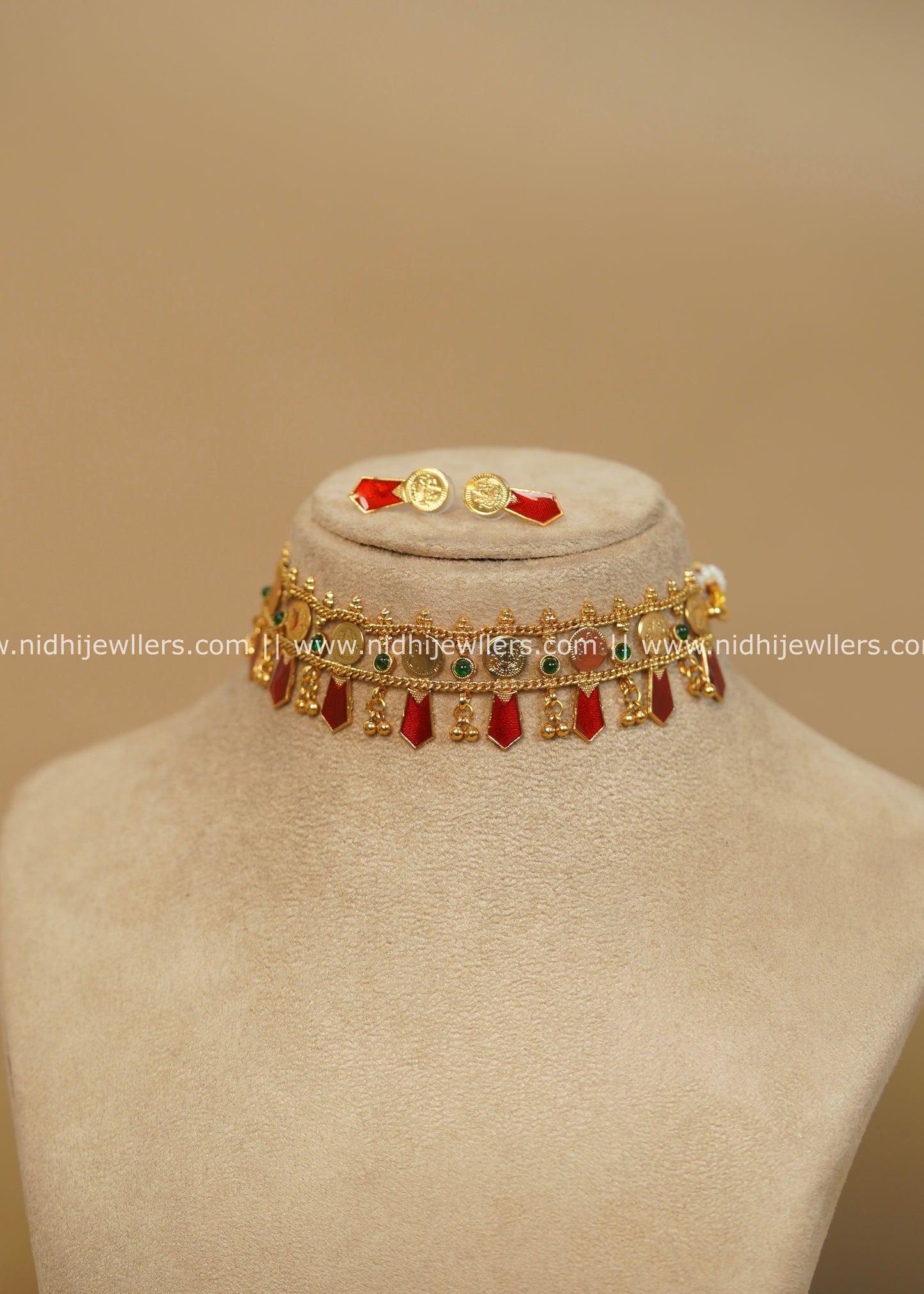 Antique Gold-Finish Festive Red Kasu Nagapadam Choker Set - Mahi